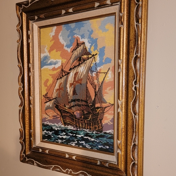 BEAUTIFUL ANTIQUE FRENCH CROSS TAPESTRY SHIP  ON SEA 23X26 - Picture 3 of 8